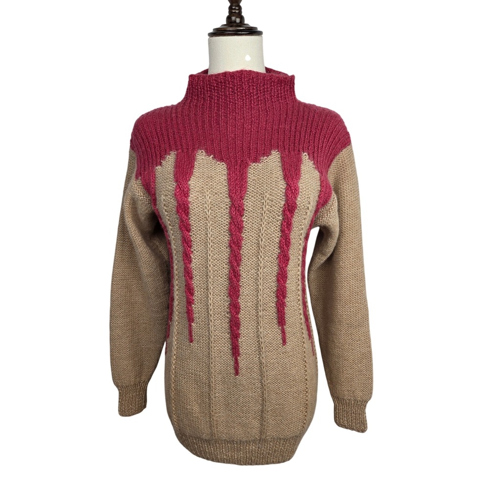 Handmade Cable Knit Sweater Small Tan Pink Mock Neck Colorblock Pullover Artisan